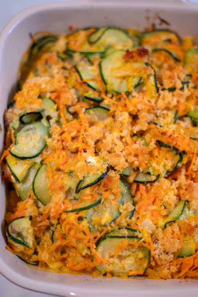 Closeup on Zucchini Stuffing Casserole.