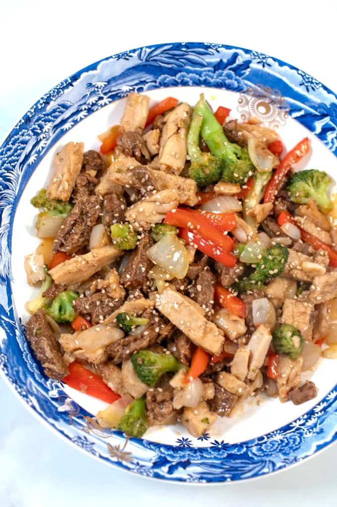Closeup view of Chicken and Steak Stir Fry.