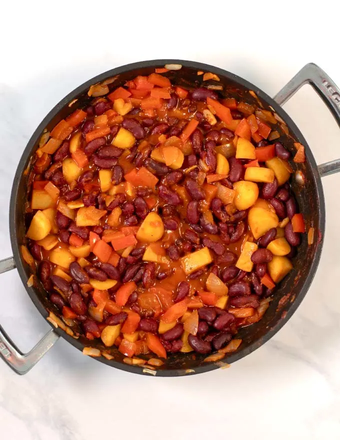 Top view of Puerto Rican Beans in a pan.