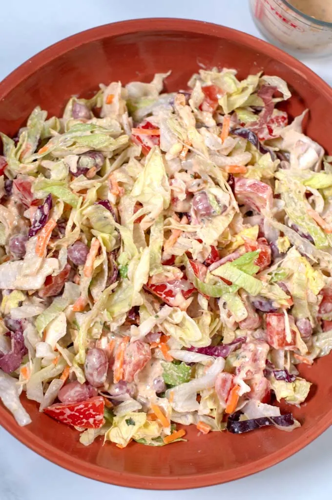 Closeup of a salad dressed with Southwest Ranch Dressing.