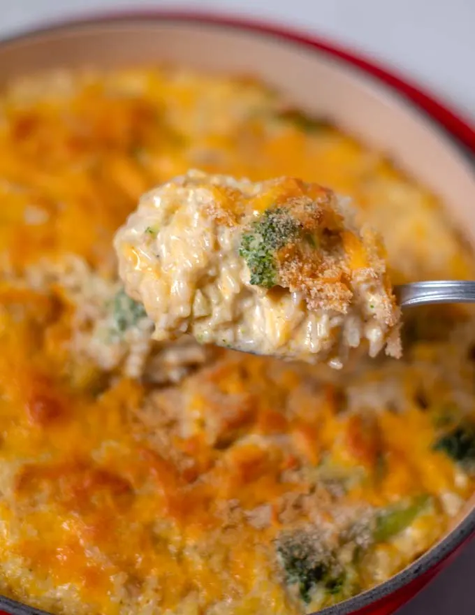 Closeup on a large serving spoon of the dish.