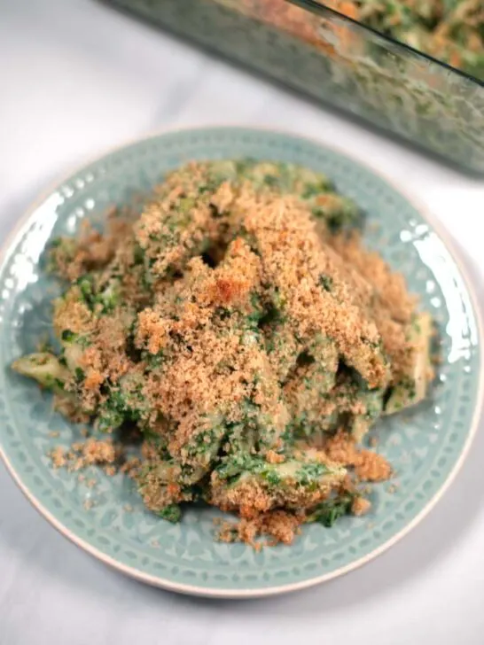 Closeup on a serving of Chicken Florentine Casserole.