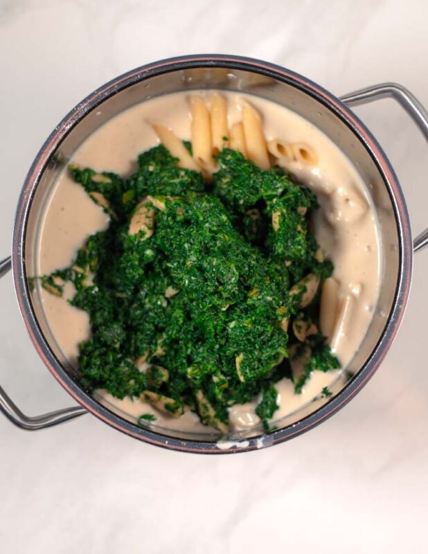 Cooked pasta and and the chicken-spinach mixture are given into the Florentine sauce.