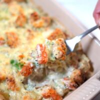 A fork lifts a bite of the Keto Chicken Vegetable Casserole.