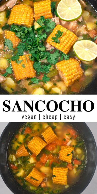 Collage of two photos of Sancocho with recipe title text.
