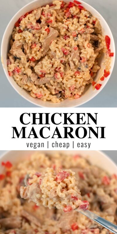 Collage of two photos of Chicken Macaroni with recipe titlte text.