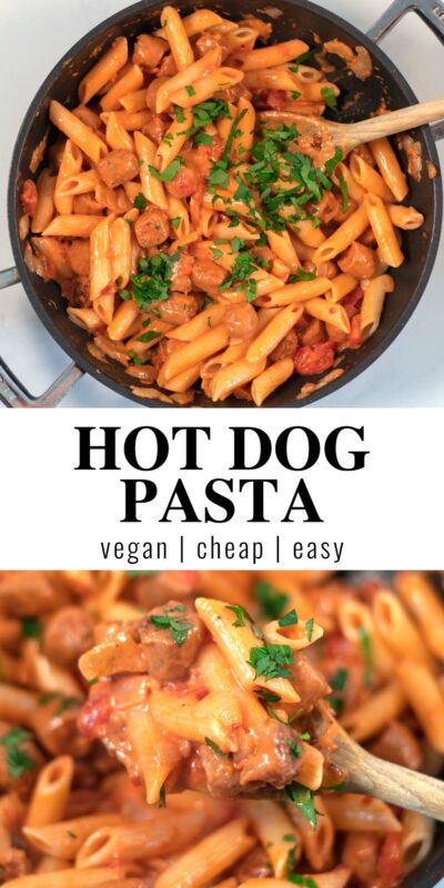 Collage of two photos of Hot Dog Pasta with recipe title text.