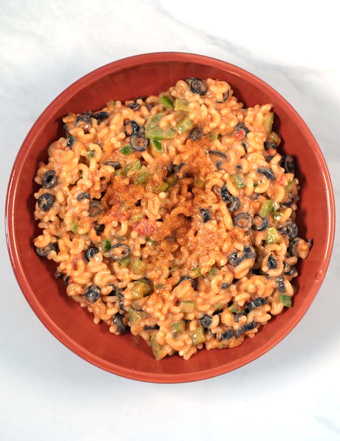 Mexican Macaroni Salad served in a low bowl.