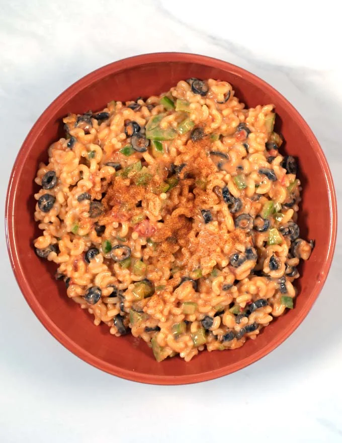 Mexican Macaroni Salad served in a low bowl.