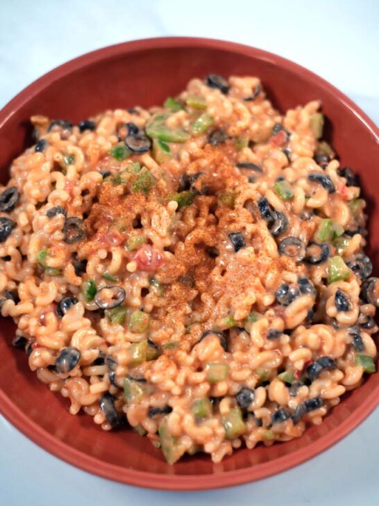 Closeup of a serving of Mexican Macaroni Salad.