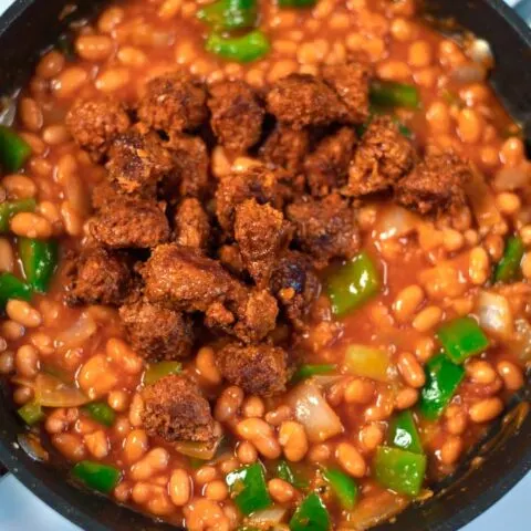 Closeup of Sausage Chili in the pan.