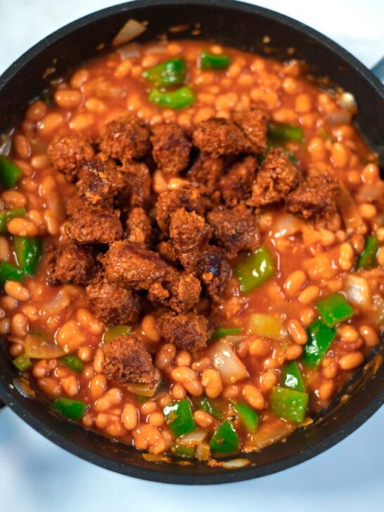 Closeup of Sausage Chili in the pan.