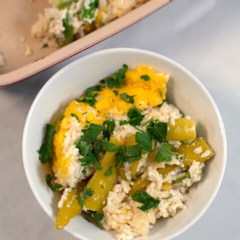 Closeup on a serving of Chile Rice Casserole.