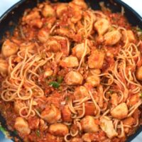 Fully mixed Jambalaya Pasta in a large frying pan ready for serving.