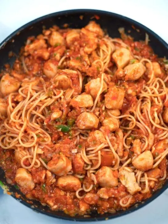 Fully mixed Jambalaya Pasta in a large frying pan ready for serving.