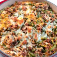 Closeup on Keto Green Bean Hamburger Casserole.