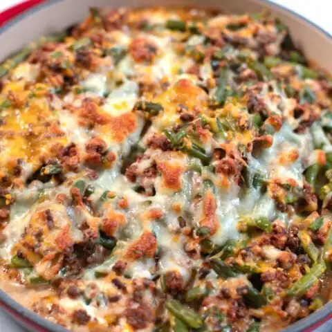 Closeup on Keto Green Bean Hamburger Casserole.