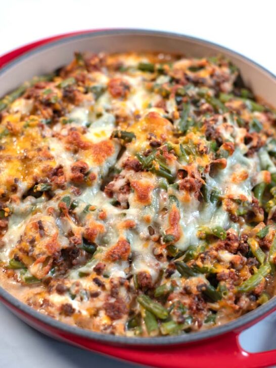 Closeup on Keto Green Bean Hamburger Casserole.