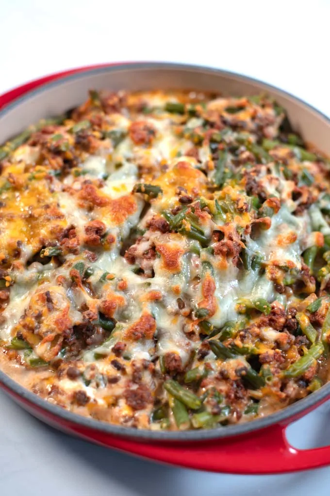 Closeup on Keto Green Bean Hamburger Casserole.