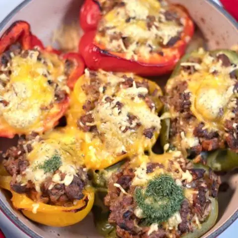 Closeup of Sausage Stuffed Peppers.