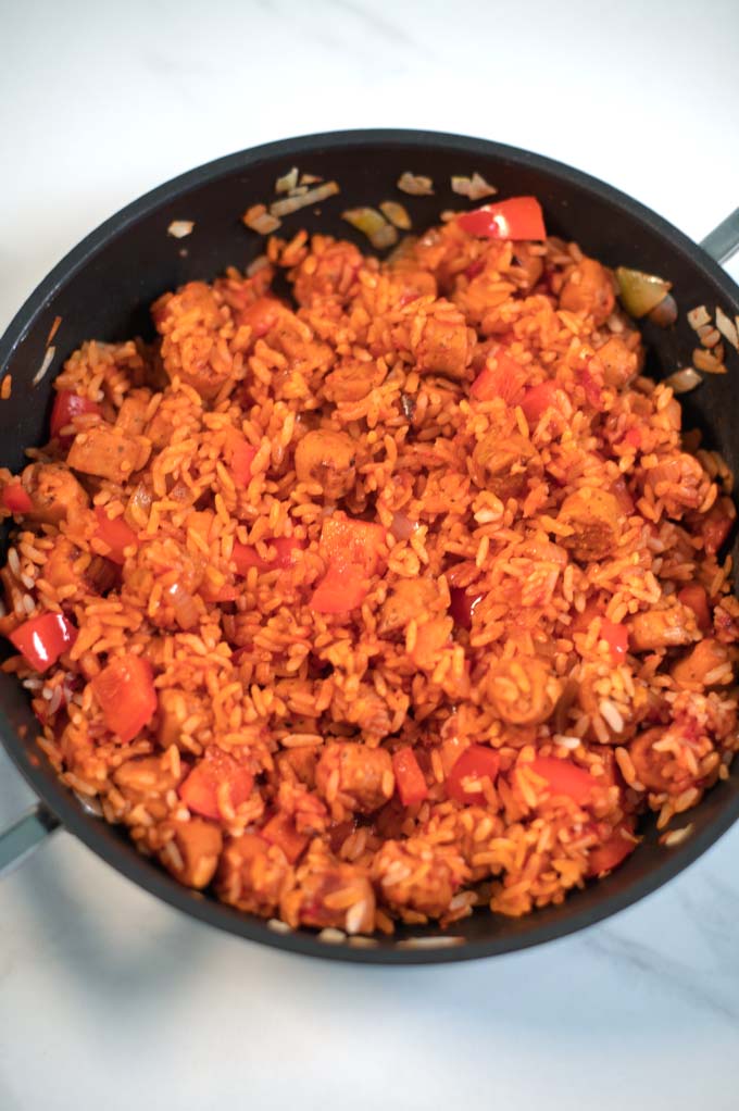 Ready Smoked Sausage and Rice in a large pan.