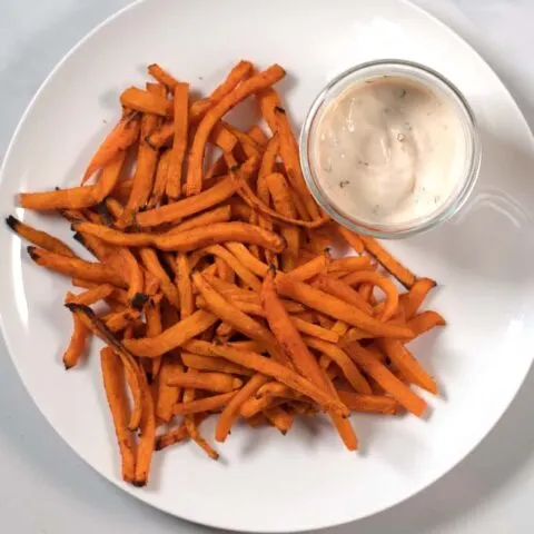 A serving of crispy sweet potato fries.