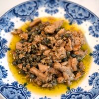 Closeup of chicken iin Lemon Caper Sauce.