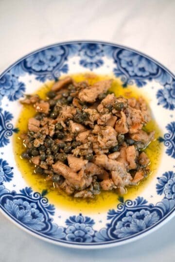Closeup of chicken iin Lemon Caper Sauce.