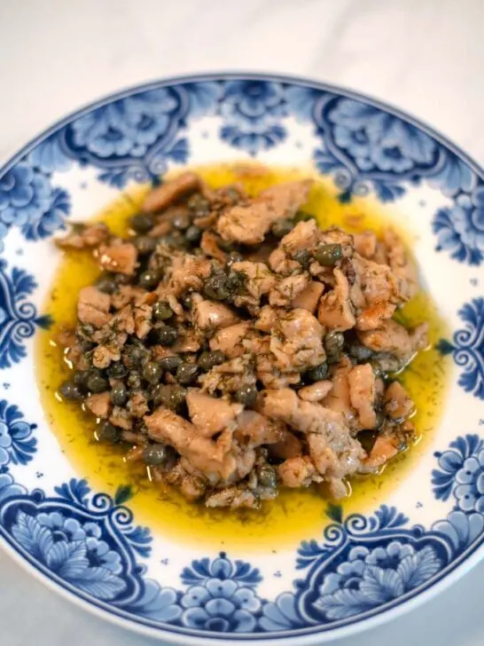 Closeup of chicken iin Lemon Caper Sauce.