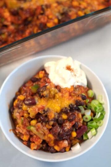 Closeup of a serving of mixed bean casserole.