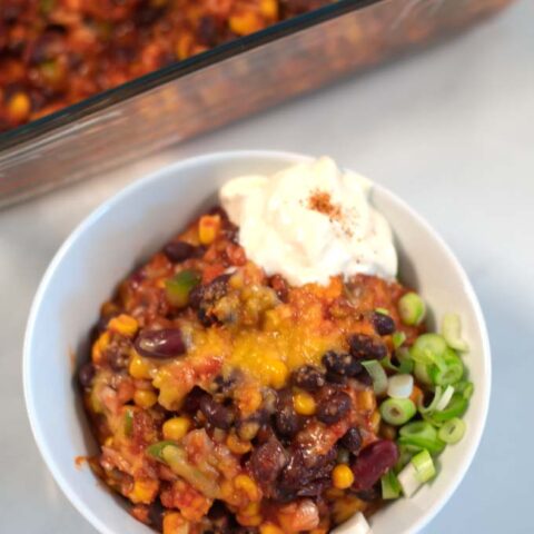 Closeup of a serving of mixed bean casserole.