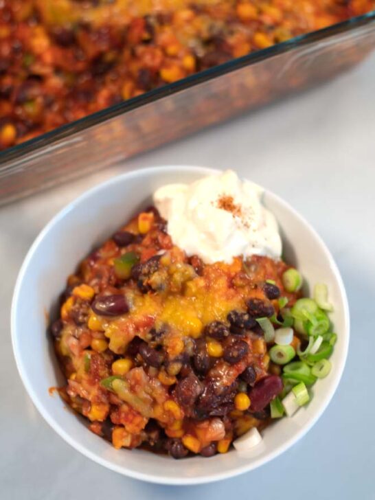 Closeup of a serving of mixed bean casserole.