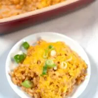 Closeup on a serving of BBQ Mac and Cheese.