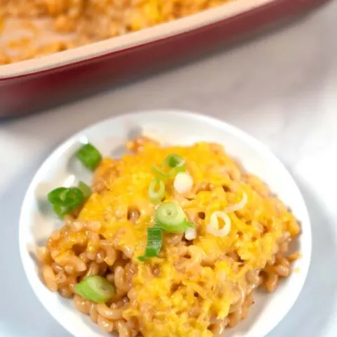Closeup on a serving of BBQ Mac and Cheese.