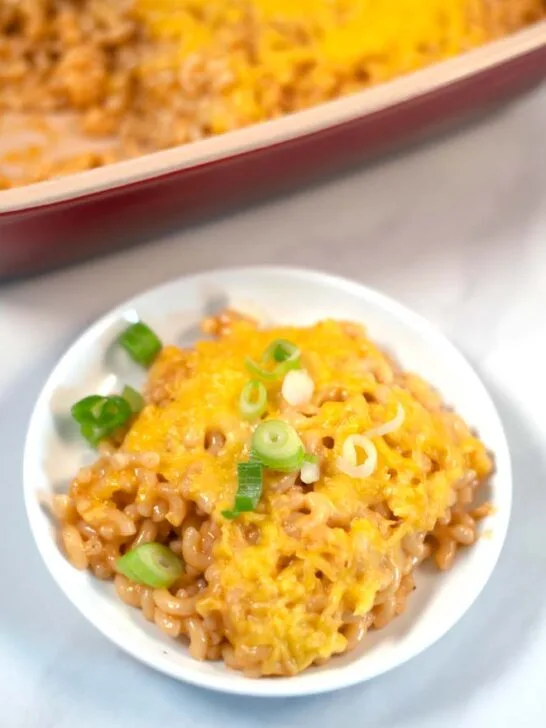 Closeup on a serving of BBQ Mac and Cheese.