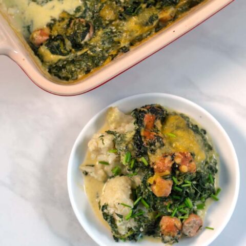 A serving of Cauliflower Sausage Casserole.