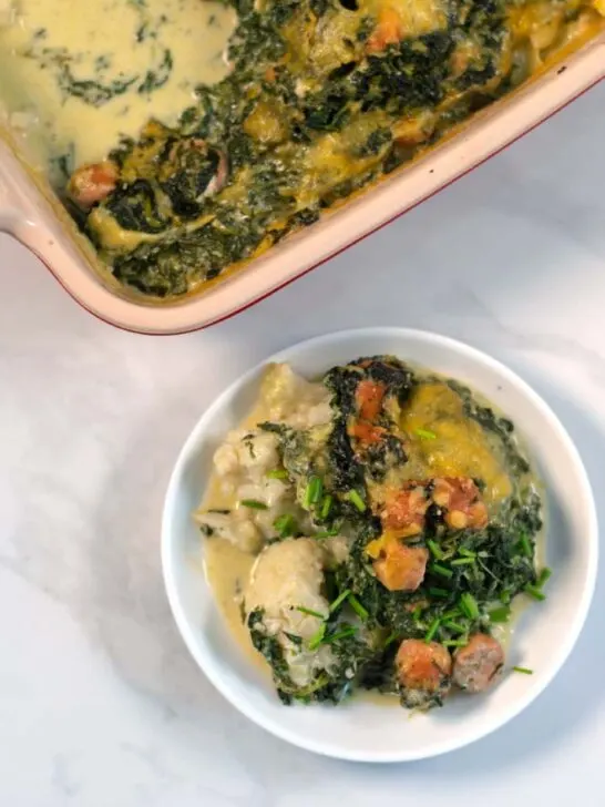 A serving of Cauliflower Sausage Casserole.
