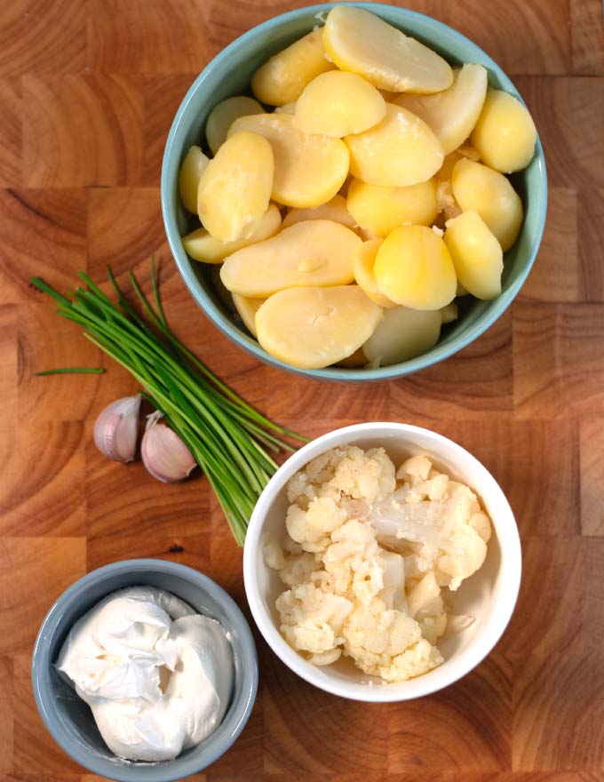 Ingredients needed to make Mashed Potatoes and Cauliflower.