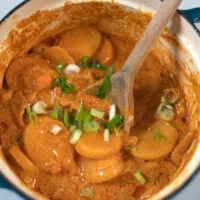 Closeup of the ready pot of Vietnamese Curry garnished with scallions.
