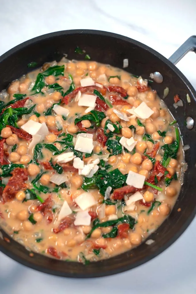 Closeup on a pan full of Marry Me Chickpeas.