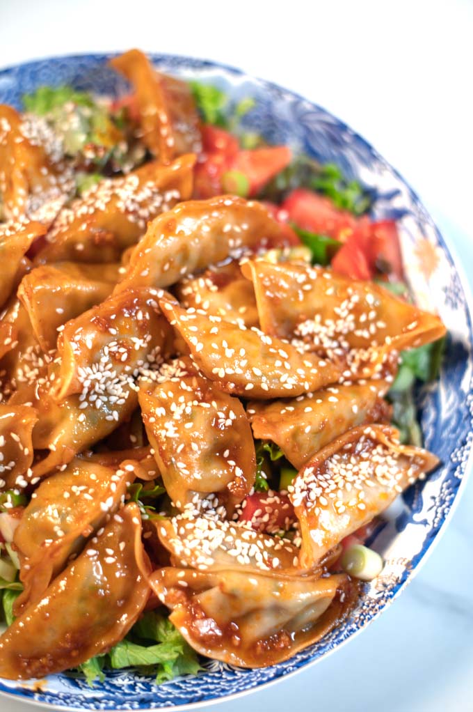 Closeup view of a serving of Dumpling Salad.
