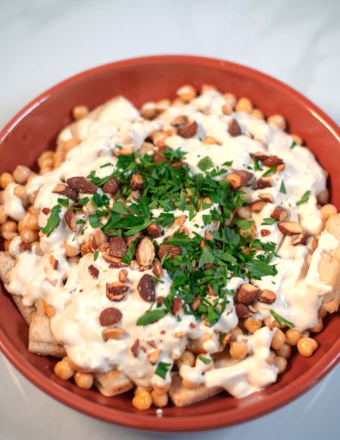 A serving of Fatteh in a large serving bowl.