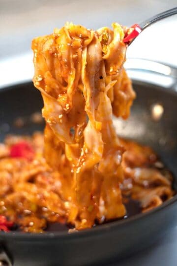 Closup of lifted Szechuan Noodles.