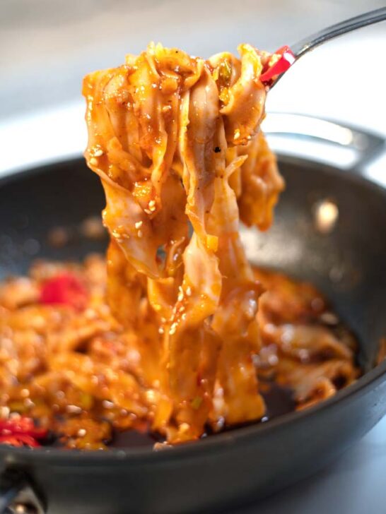 Closup of lifted Szechuan Noodles.