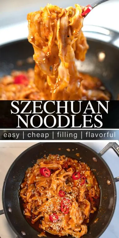 Collage of two photos showing Szechuan Noodles with recipe title text.