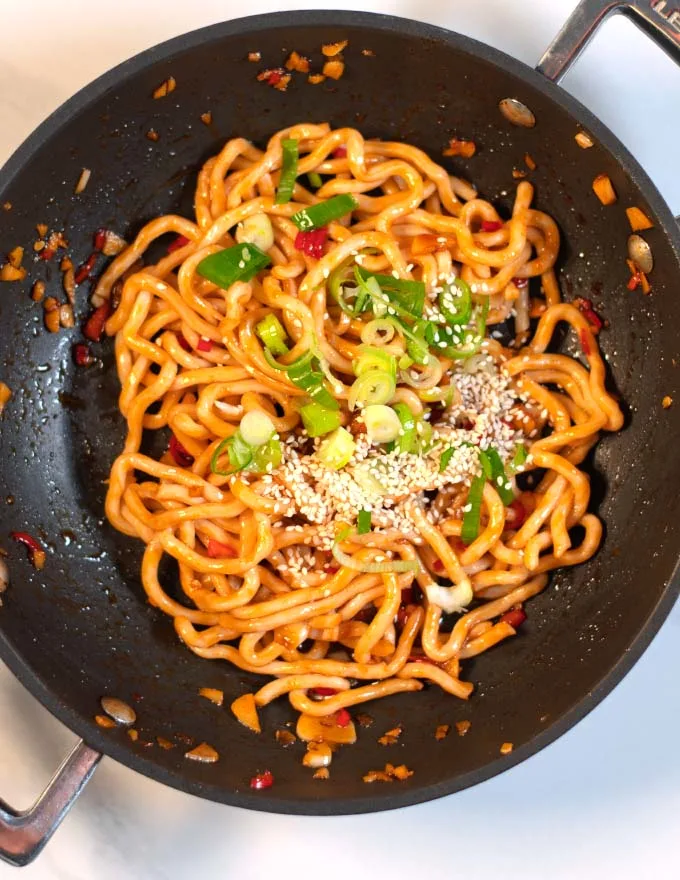 Top view of a serving of Thai seasoned noodles.