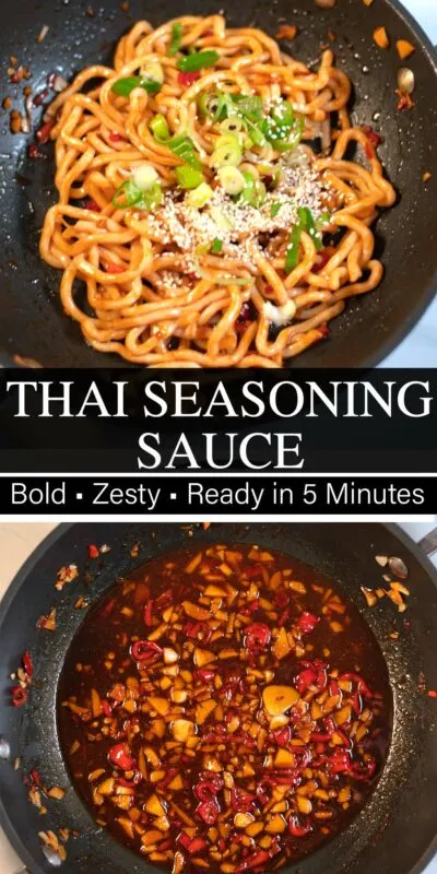 Collage of two photos of Thai Seasoning Sauce with recipe title text.