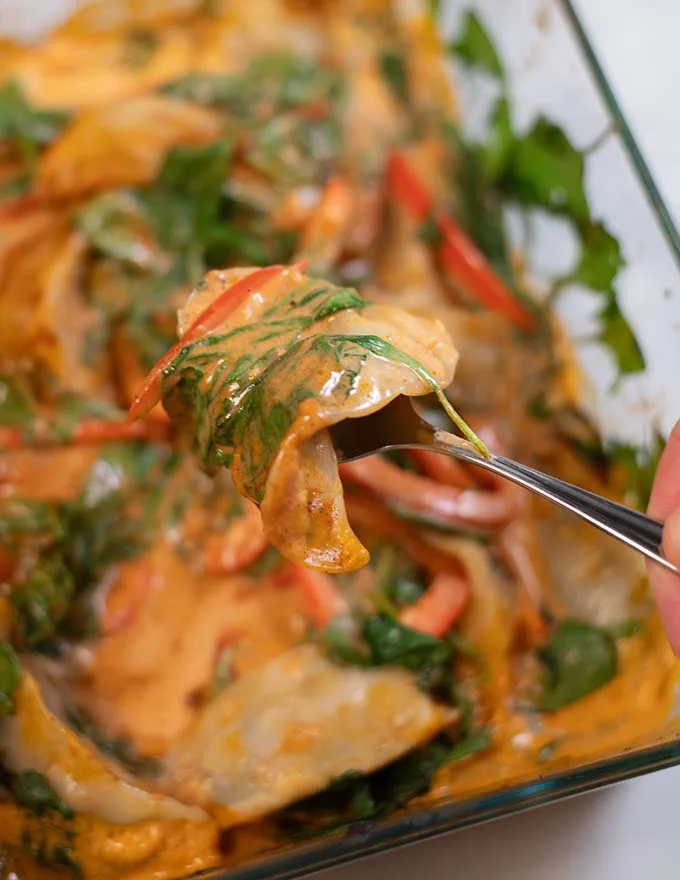 Closeup of a dumpling taken out of the Dumpling Bake.