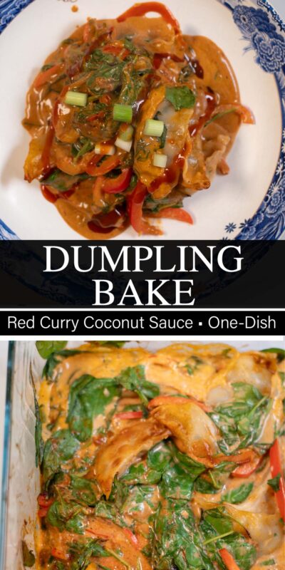 Collage of two photos of Dumpling Bake with recipe title text.