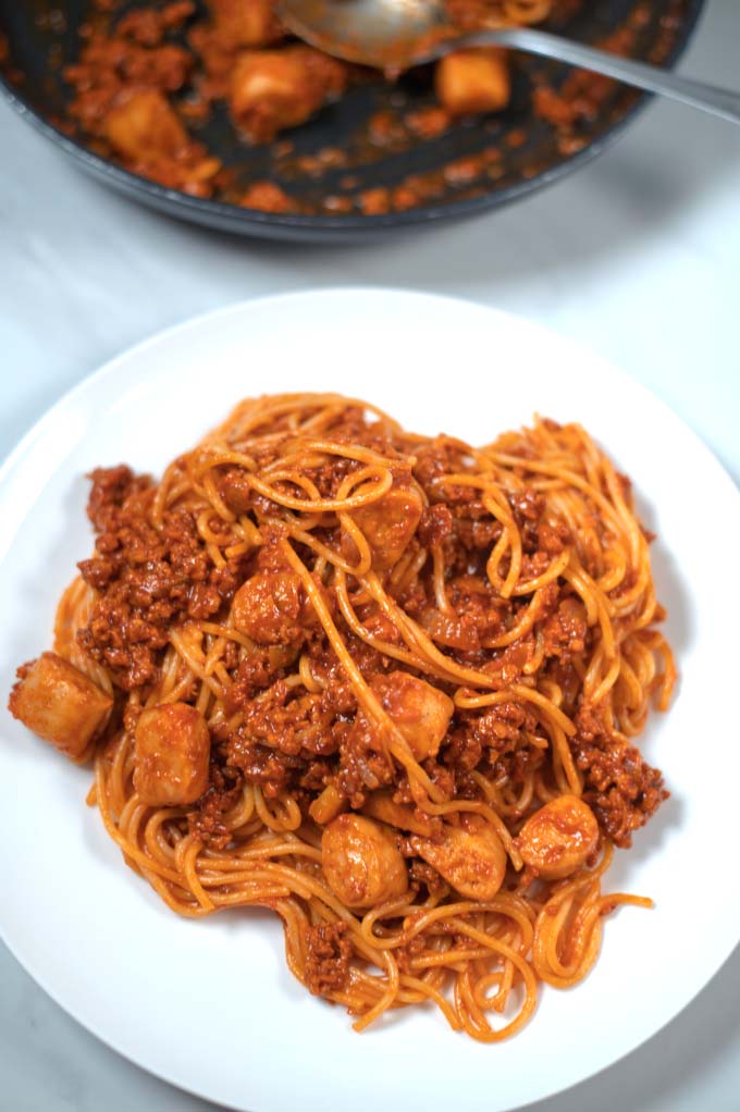 A serving of Filipino Pasta on a white plate.